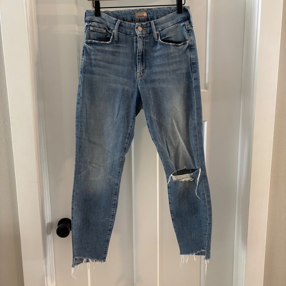 MOTHER The Looker Ankle Fray Jeans Size 27 Distressed Medium Wash Denim